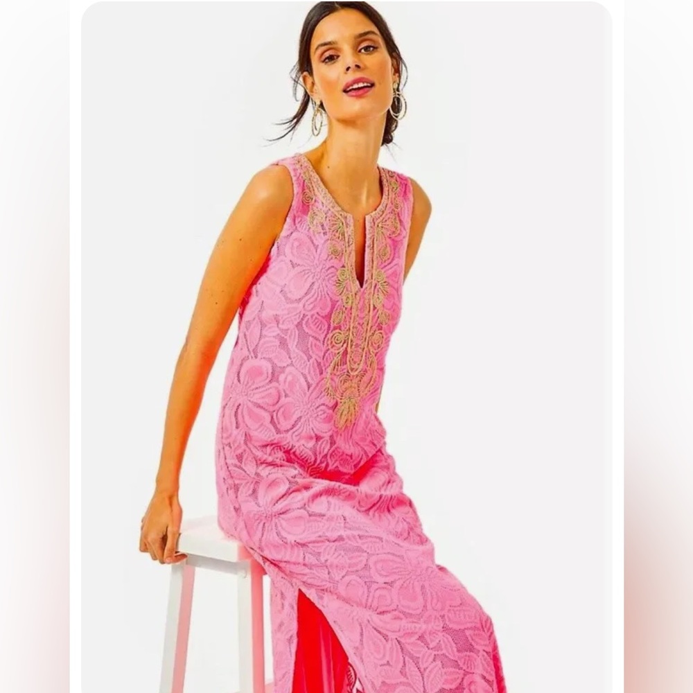 Lilly Pulitzer Pink Lace Maxi Dress with Gold Embroidery